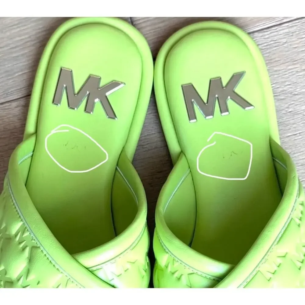 MK Michael Kors Gideon Puffy Logo Slide Sandals Limeade Green Women Sz 7.5 NWOB